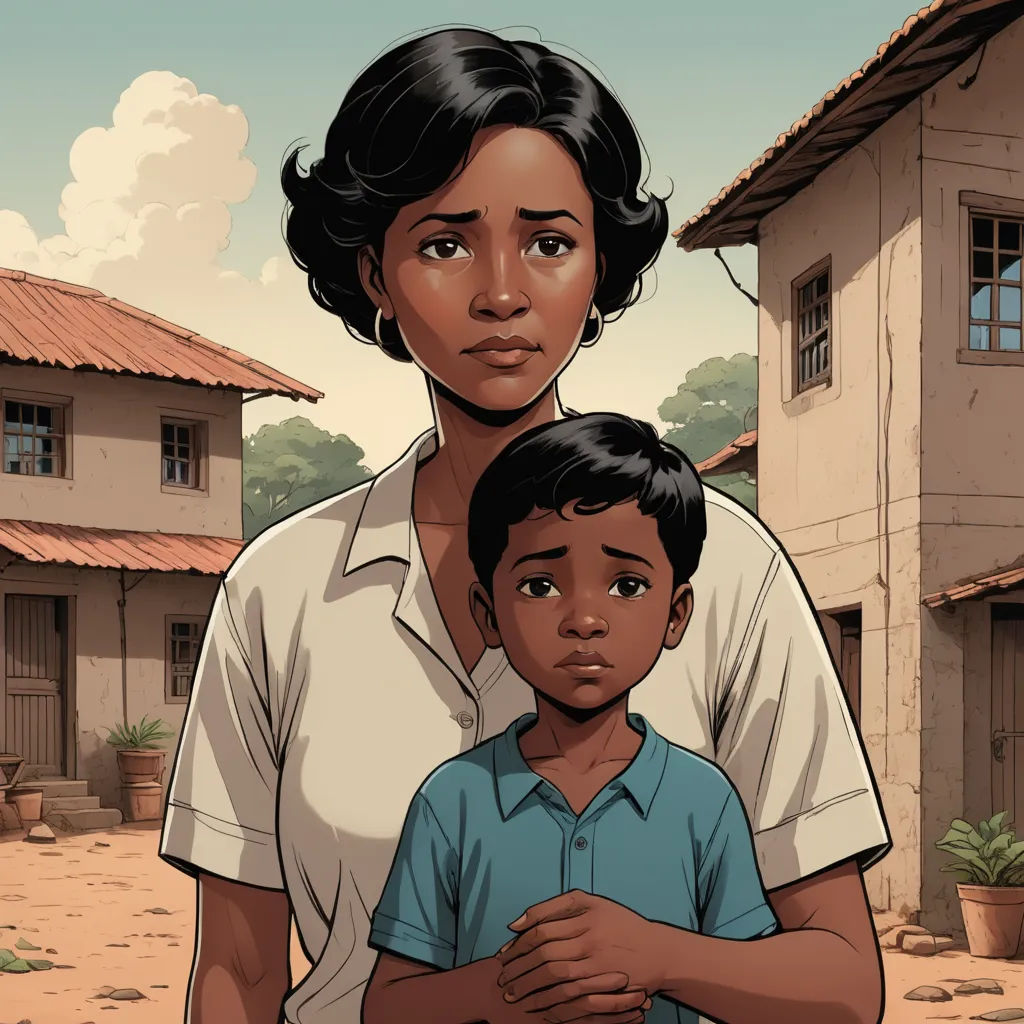 a woman and a child standing in front of a house with a red roof and a red bricked building, serial art, a comic book panel, Ella Guru, comic cover art