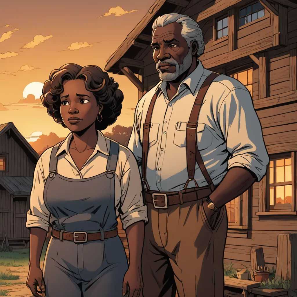 a man and a woman standing in front of a house at sunset with a sunset in the background and a man in overalls and a white shirt, harlem renaissance, a comic book panel, Ernest Briggs, comic cover art
