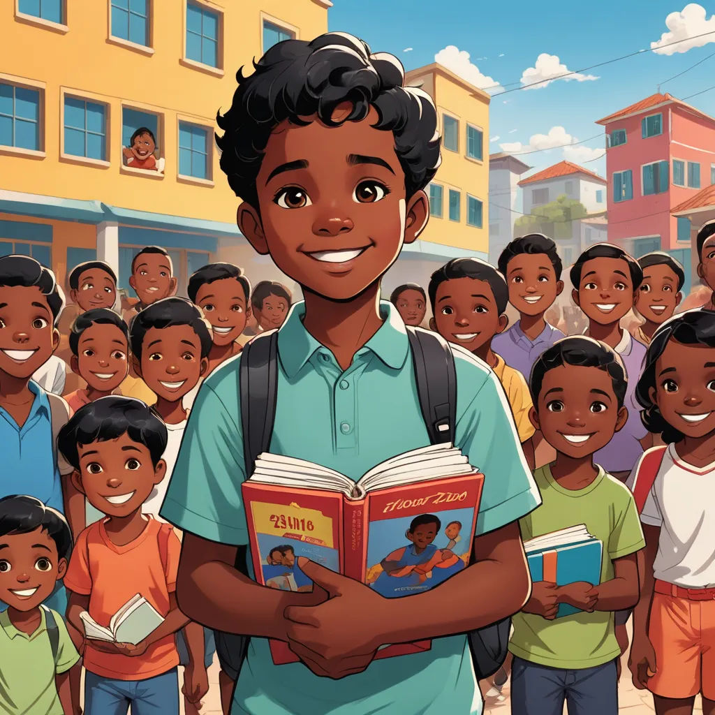 a boy is holding a book in front of a group of children in a street with buildings in the background, afrofuturism, a storybook illustration, Chris LaBrooy, official art
