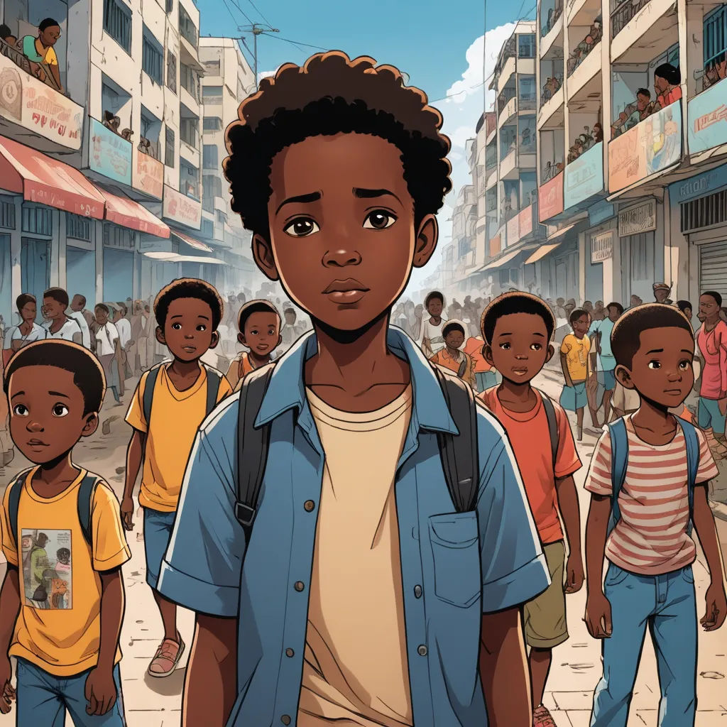 a cartoon of a boy standing in front of a group of children in a city street with buildings in the background, afrofuturism, a comic book panel, Asaf Hanuka, graphic novel