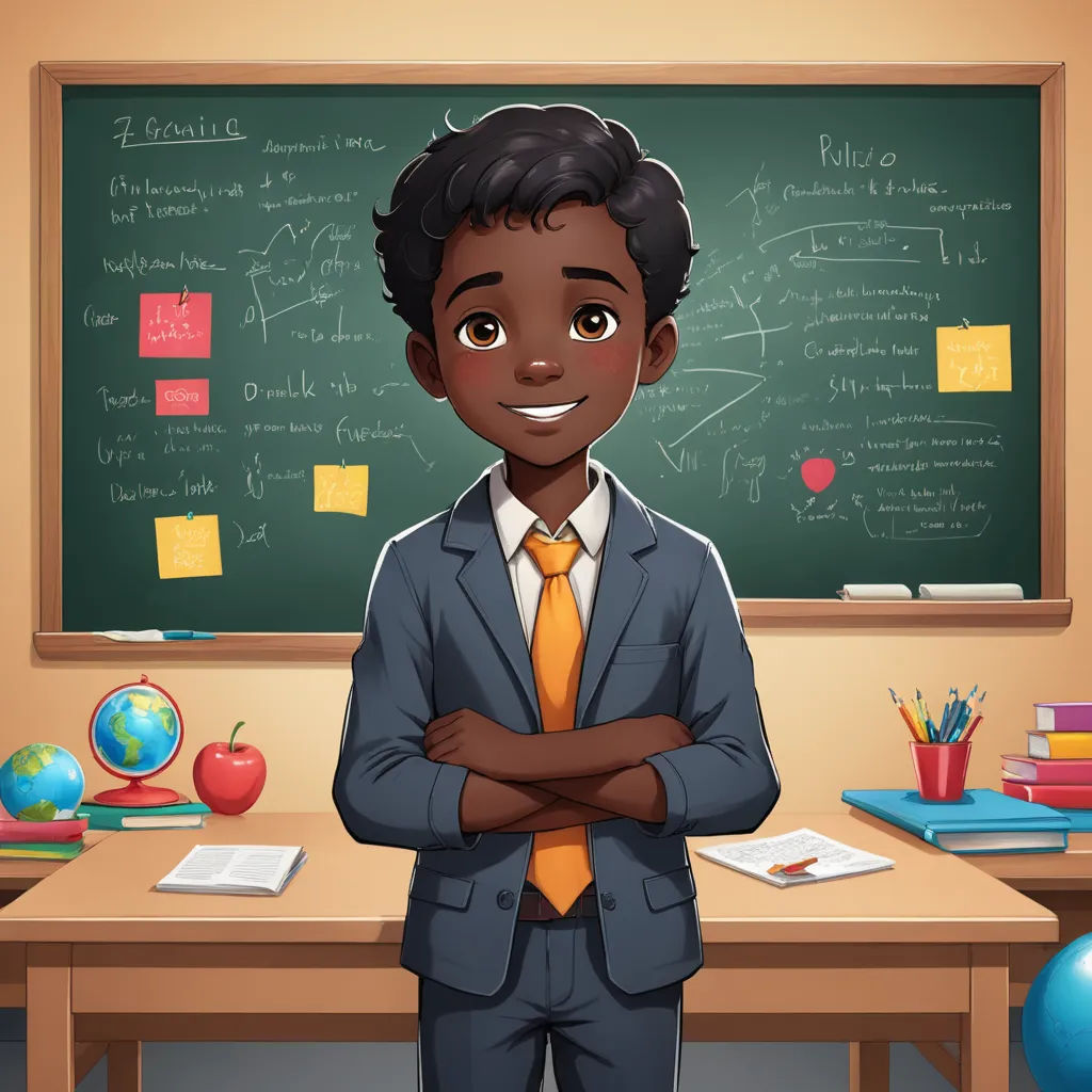 a boy in a suit standing in front of a chalkboard with a lot of writing on it and a pencil in his hand, academic art, a character portrait, Cedric Seaut (Keos Masons), character art