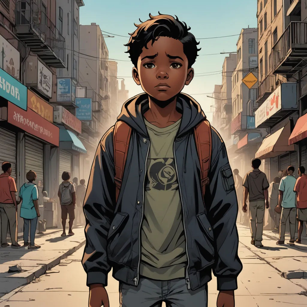 a boy standing on a city street with a backpack on his back and people walking on the sidewalk behind him, american realism, a comic book panel, Altichiero, comic cover art