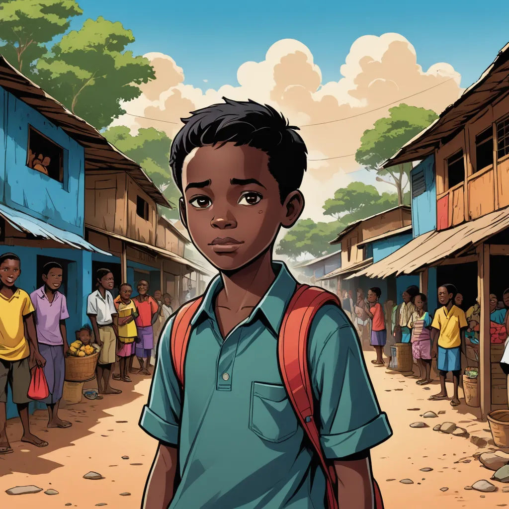 a boy stands in a village with a group of people in the background and a sky background with clouds, serial art, a comic book panel, Cedric Seaut (Keos Masons), graphic novel