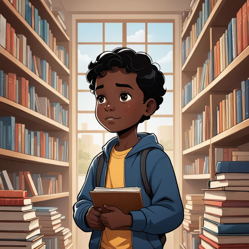 a boy standing in a library holding a book and looking at the camera with a book in his hand, sots art, a character portrait, Everett Warner, character portrait