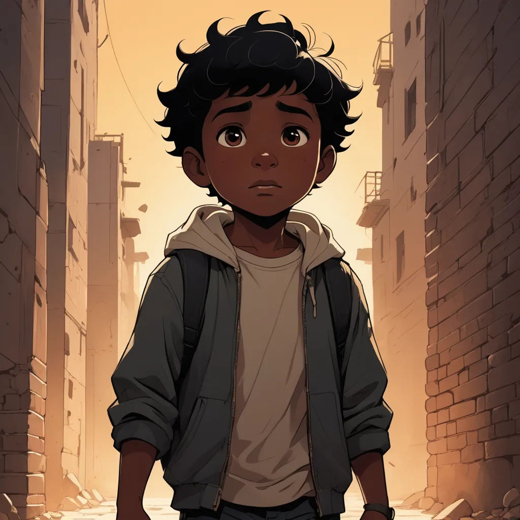 a young boy standing in a narrow alley way with a backpack on his shoulder and a backpack on his shoulder, serial art, a comic book panel, Asaf Hanuka, comic cover art