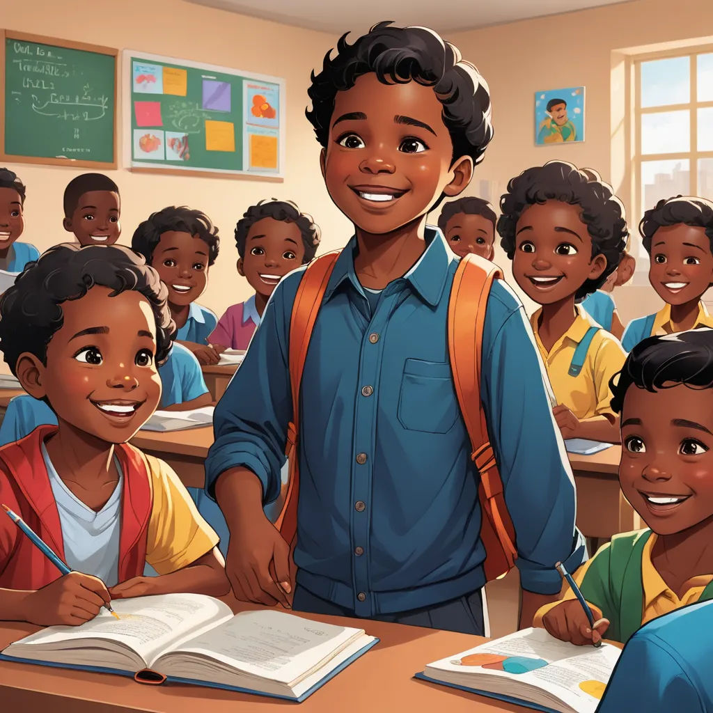 a cartoon of a boy standing in front of a classroom full of students with a book and pencil in his hand, american scene painting, a storybook illustration, Chris LaBrooy, official art