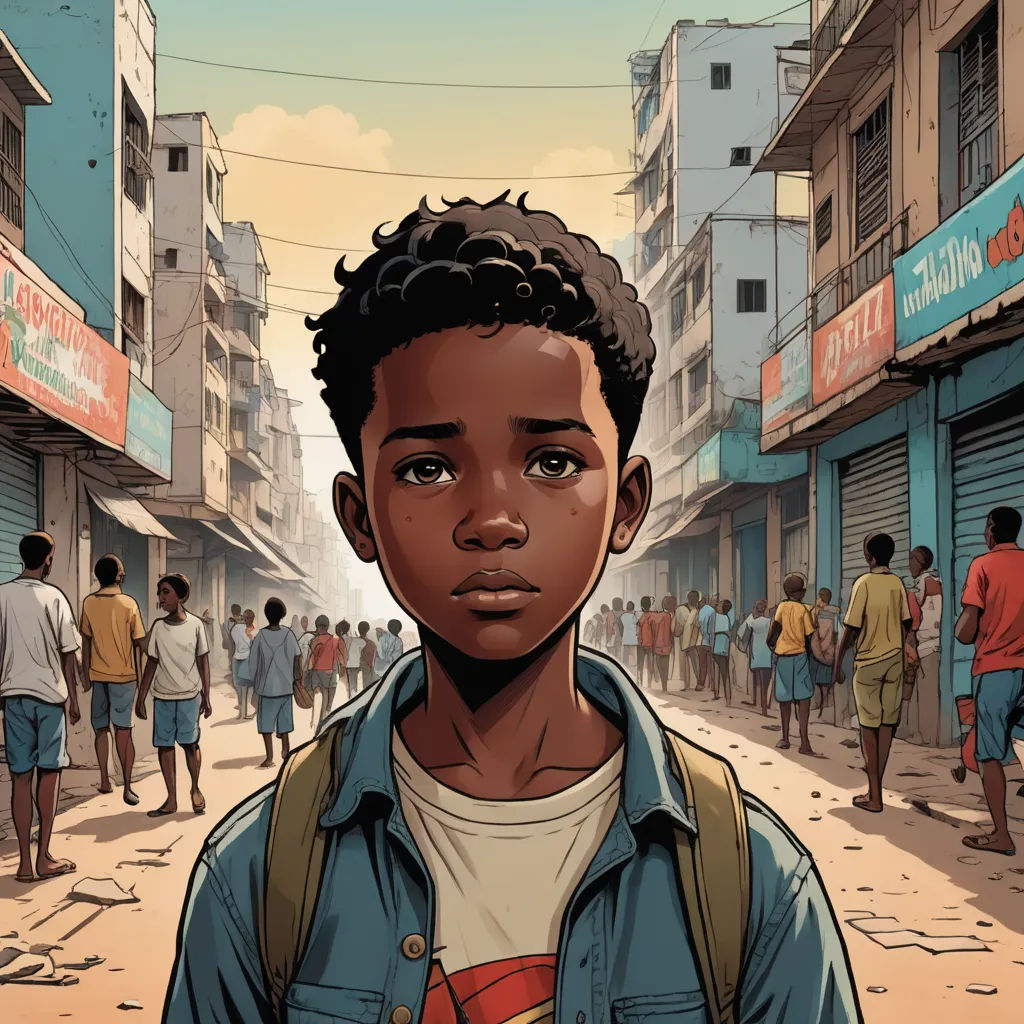 a boy standing in the middle of a crowded street with a crowd of people in the background and a building with a sign on it, afrofuturism, a comic book panel, Altichiero, comic cover art