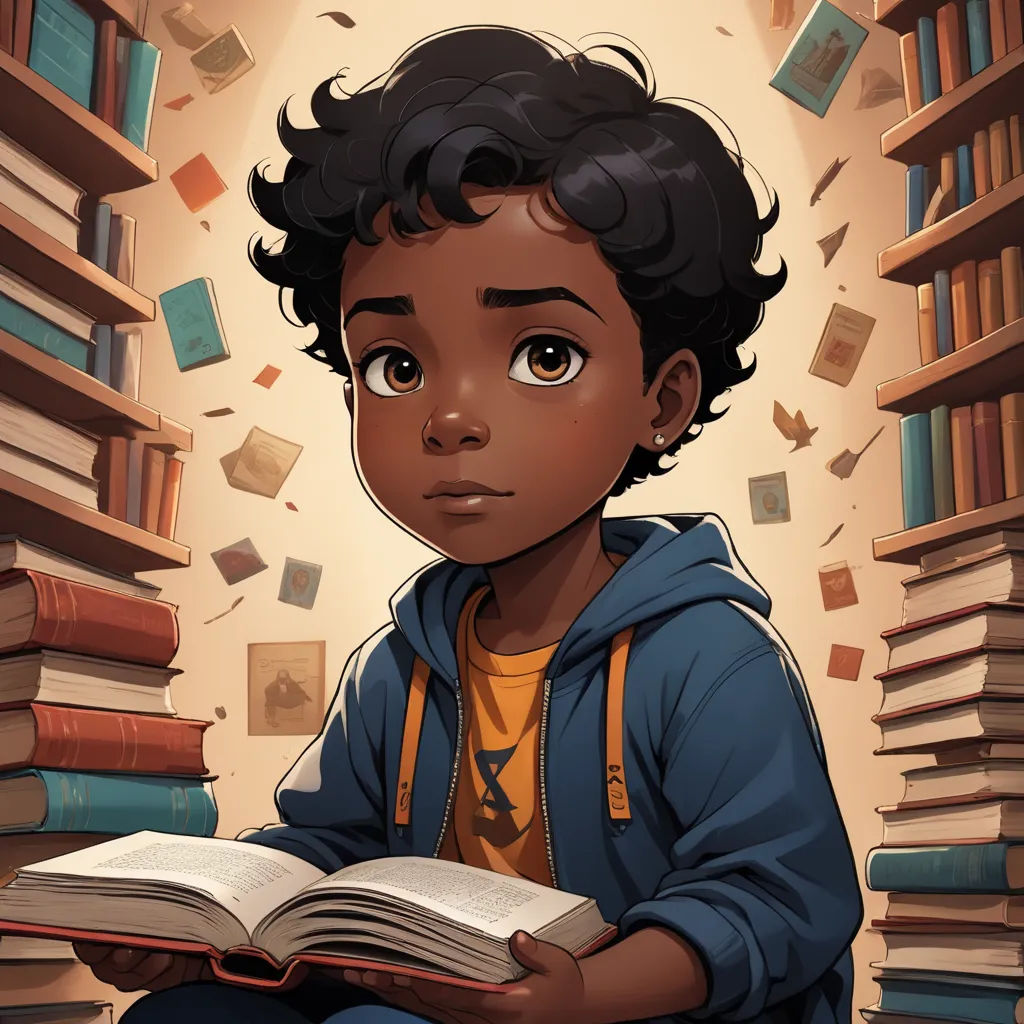 a boy sitting in front of a book shelf filled with books and looking at the camera with a book in his hands, fantasy art, a character portrait, Everett Warner, comic cover art
