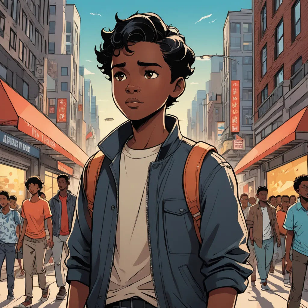a boy in a blue jacket is standing in the street with a crowd of people behind him and buildings, harlem renaissance, a comic book panel, Everett Warner, comic cover art