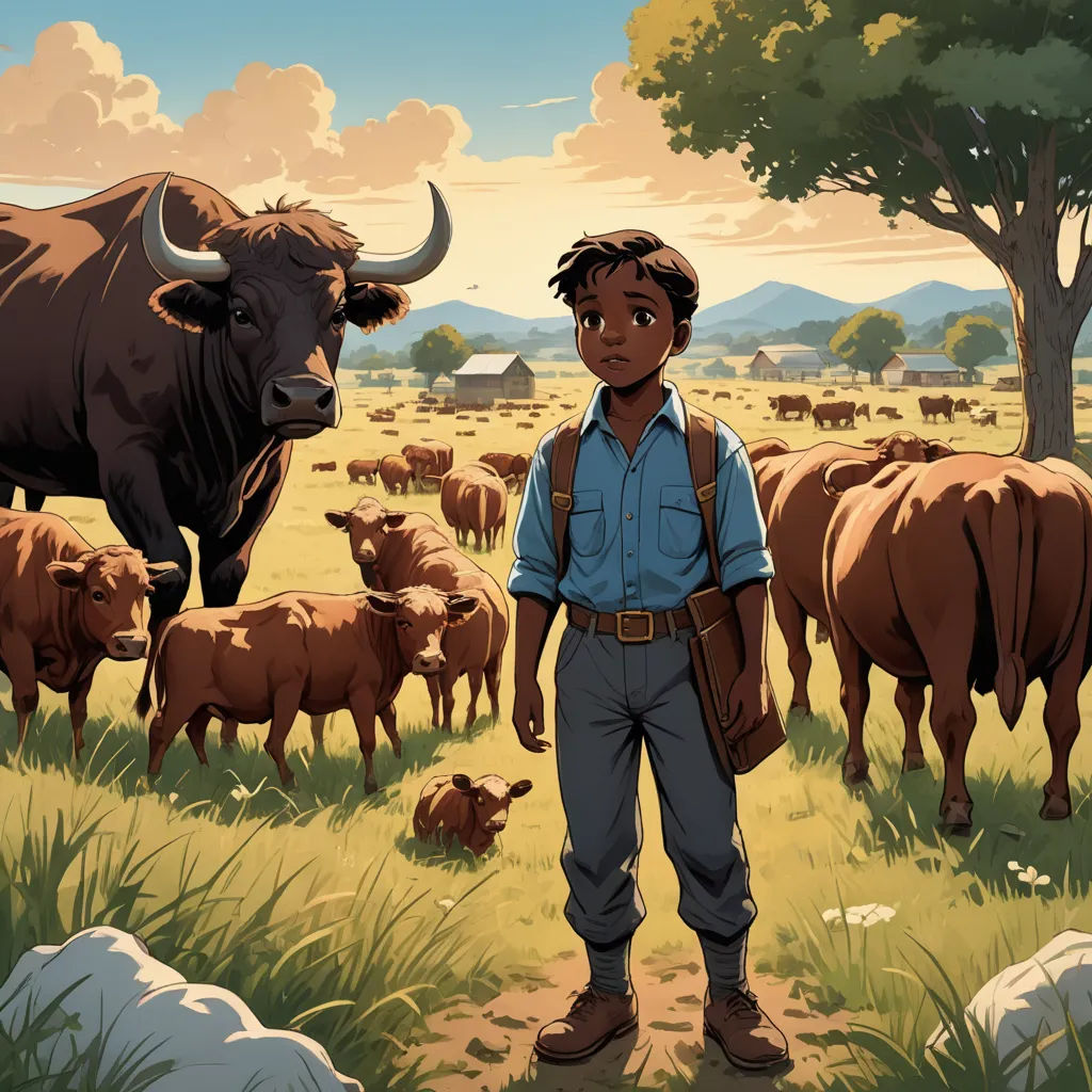 a boy standing in a field with a herd of cows behind him and a tree in the background with a sky background, american scene painting, a storybook illustration, Asaf Hanuka, western comic book art