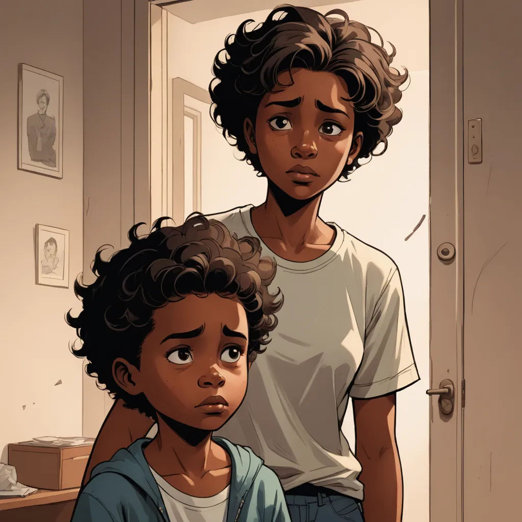 a woman and a child are standing in a room with a door open and a picture of a man on the wall, serial art, a comic book panel, Altichiero, comic cover art