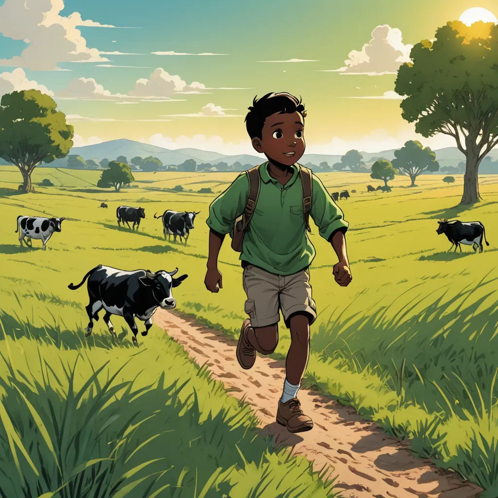 a boy running down a dirt path in a field with cows in the background and a sky with clouds, environmental art, a storybook illustration, Asaf Hanuka, comic cover art