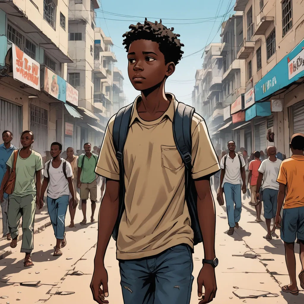 a man with a backpack walking down a street in a city with people walking around him and buildings in the background, lyco art, a comic book panel, Cedric Seaut (Keos Masons), graphic novel