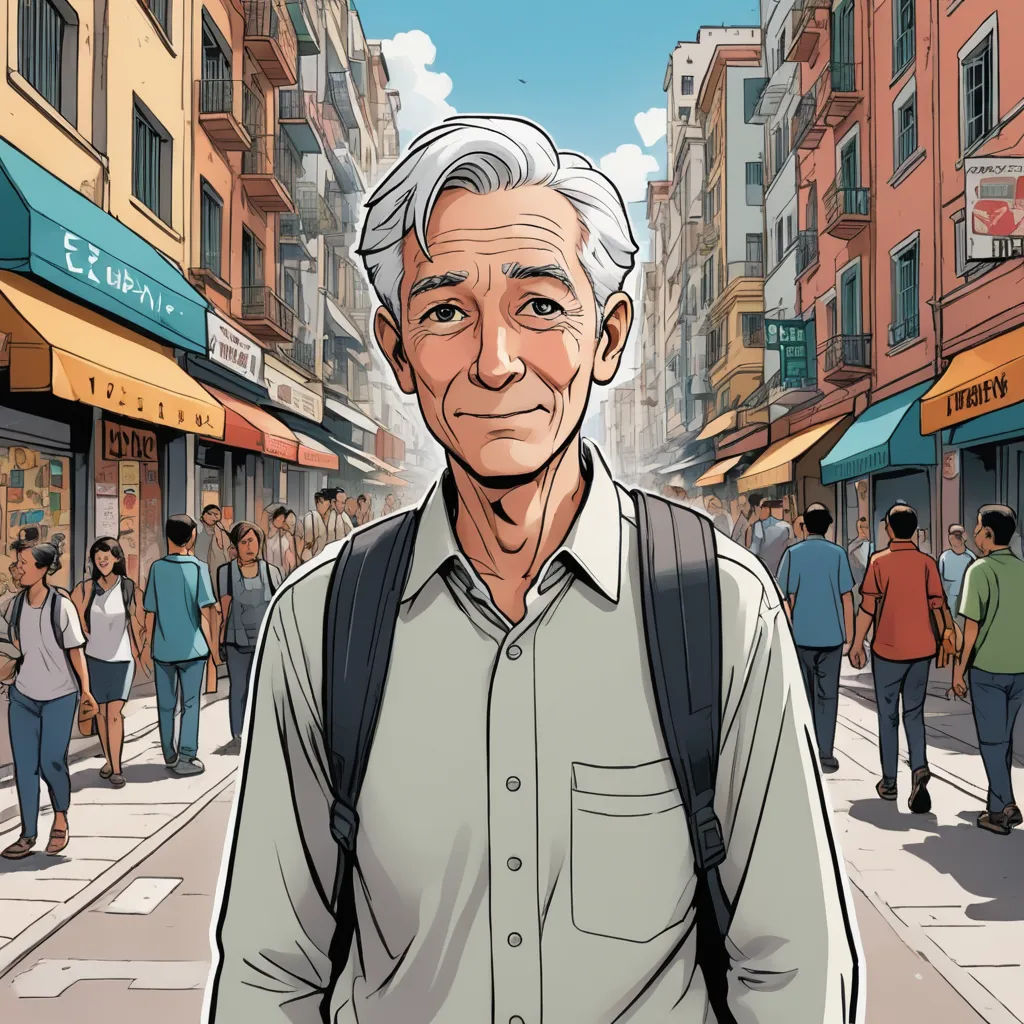 a man with a backpack is standing in the street in front of a crowd of people and buildings,, private press, a comic book panel, Cliff Childs, rossdraws global illumination