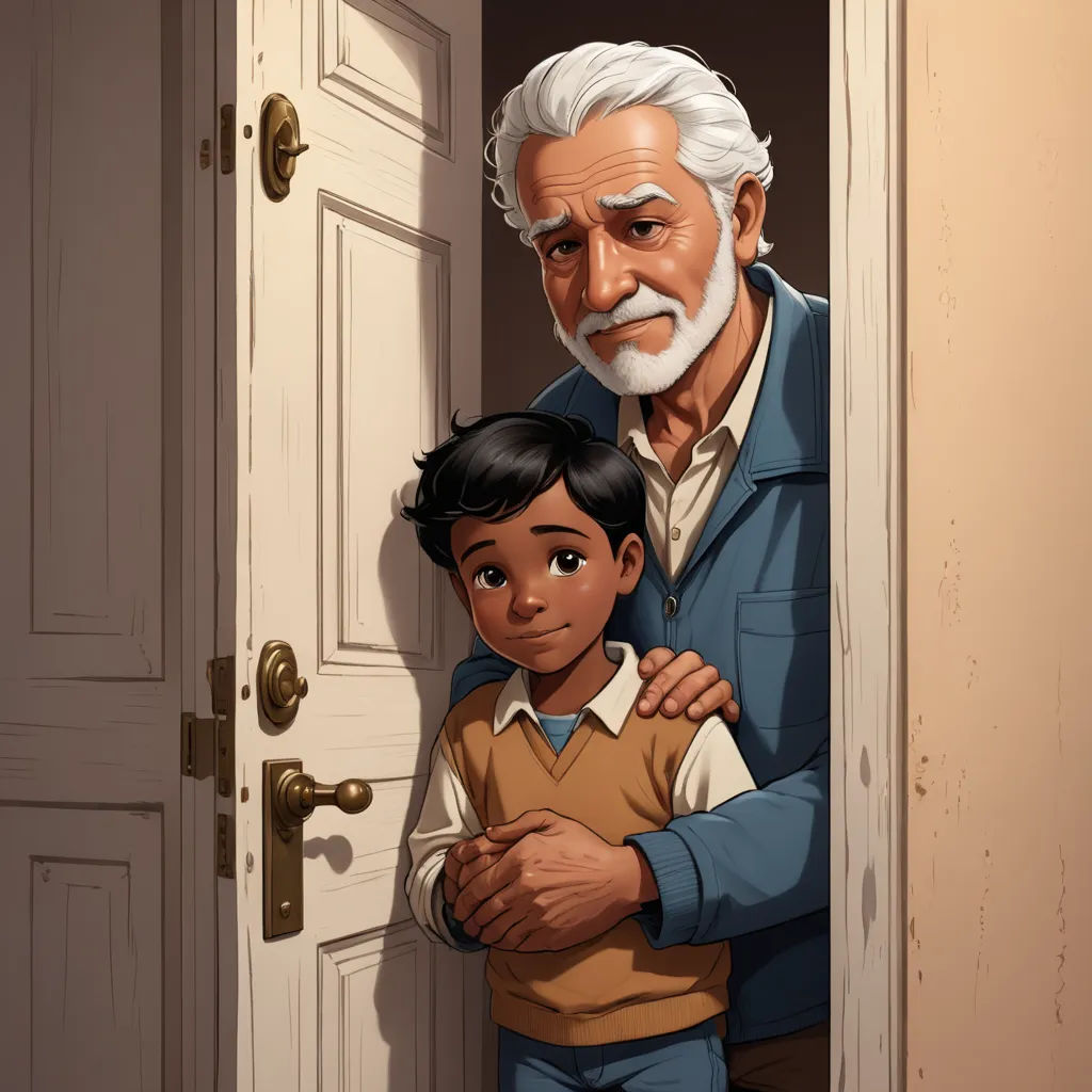 a man and a child standing in front of a door with a door handle on it and a door handle on the door, sots art, a storybook illustration, Eddie Mendoza, storybook illustration