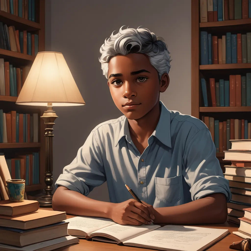 a man sitting at a desk with a book and pen in his hand and a lamp on the side, harlem renaissance, a character portrait, F. Scott Hess, character portrait