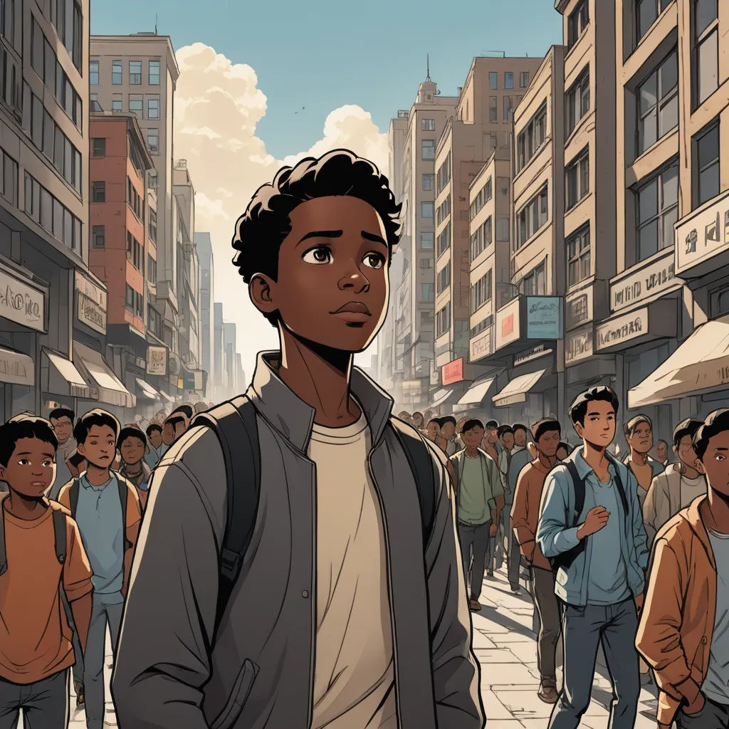a man standing in front of a crowd of people on a city street with buildings in the background and a sky background, harlem renaissance, a comic book panel, Adam Manyoki, graphic novel
