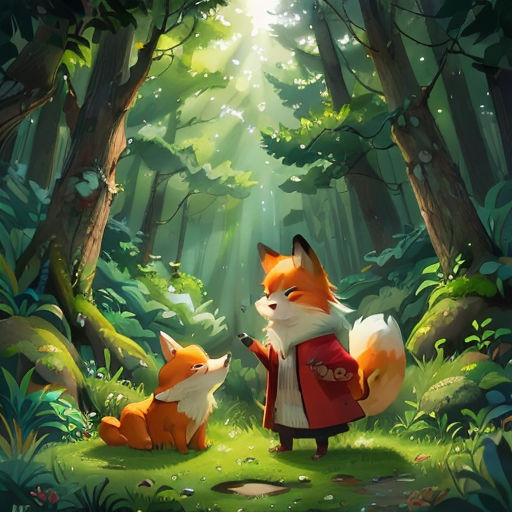a fox and a fox cub in a forest with sunlight streaming through the trees and leaves on the ground
