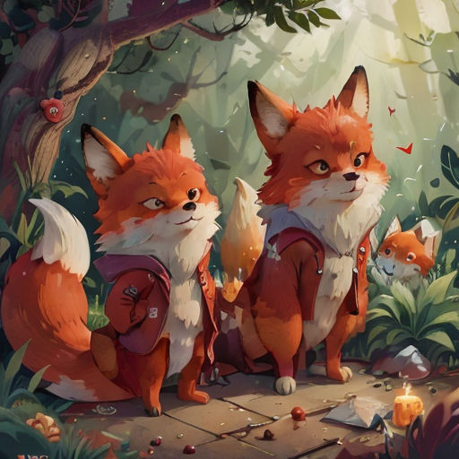 a painting of two foxes in the woods with a candle in the foreground and a forest background with leaves and flowers