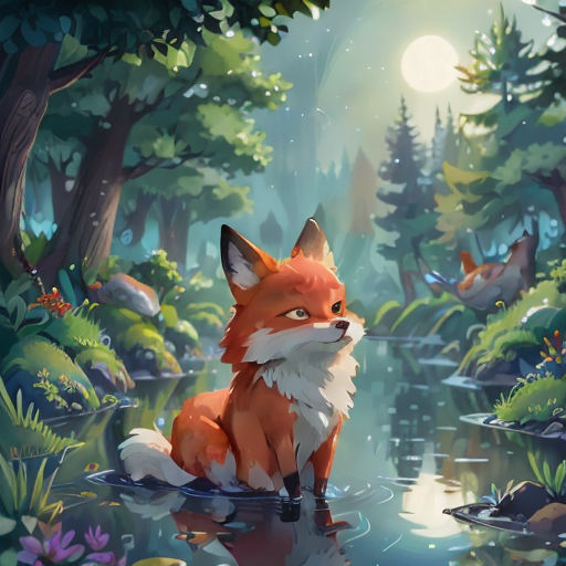 a fox sitting in the water in a forest with a full moon in the background and a forest scene with a pond and trees