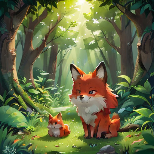 a painting of a fox and her cub in a forest with sunlight coming through the trees and leaves on the ground