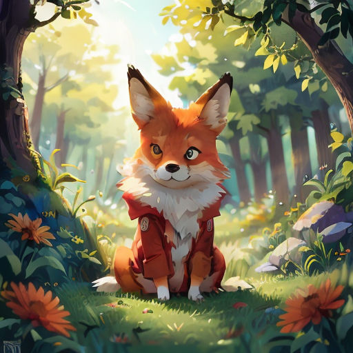 a fox sitting in the middle of a forest with flowers around it and a forest background with trees and flowers