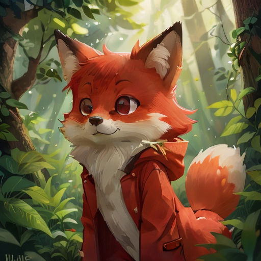 a red fox in a forest with trees and leaves on the ground, with a red jacket on, and a red backpack on