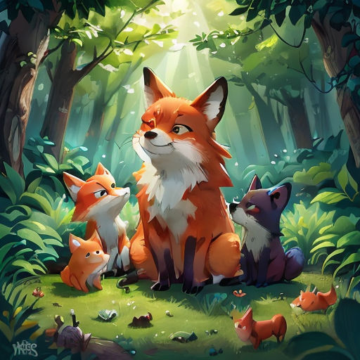 a group of foxes in the woods with sunlight coming through the trees and leaves on the ground, with a forest background