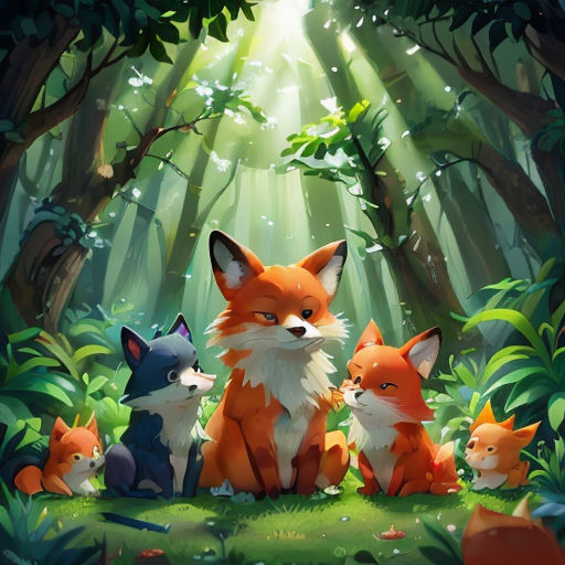 a group of foxes in the forest with sunlight shining through the trees and leaves on the ground, with a green background