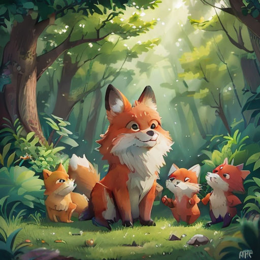 a painting of a fox family in the woods with a baby fox in the foreground and a baby fox in the background