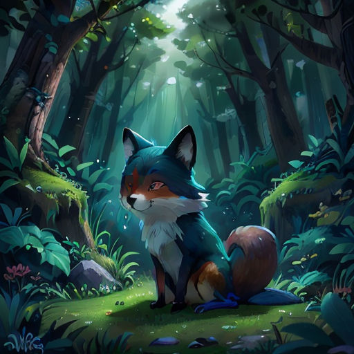 a fox sitting in the middle of a forest with a light shining through the trees and leaves on the ground