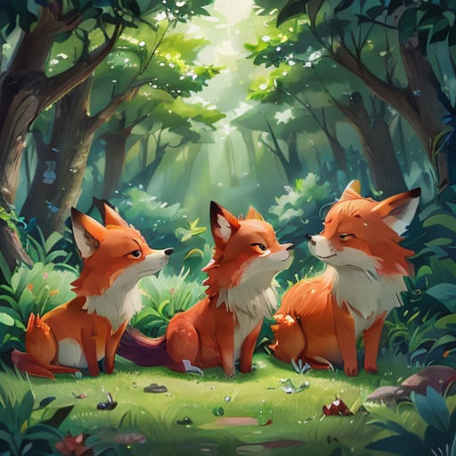 two foxes sitting in the middle of a forest with trees and grass around them, looking at each other