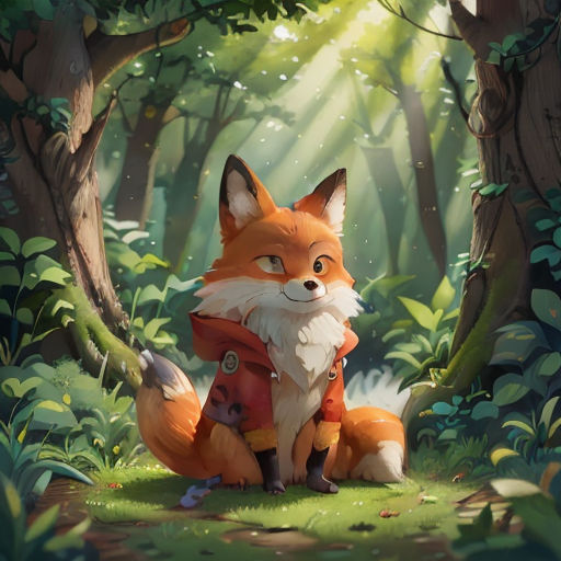 a fox sitting in the middle of a forest with a backpack on it's back and a forest background