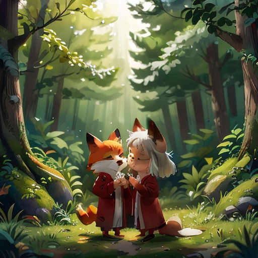 a couple of foxes standing in a forest next to each other on a forest floor with trees and grass
