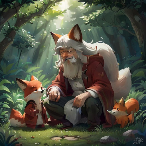 a man sitting in the forest with a fox and a fox cub next to him, with a light shining through the trees