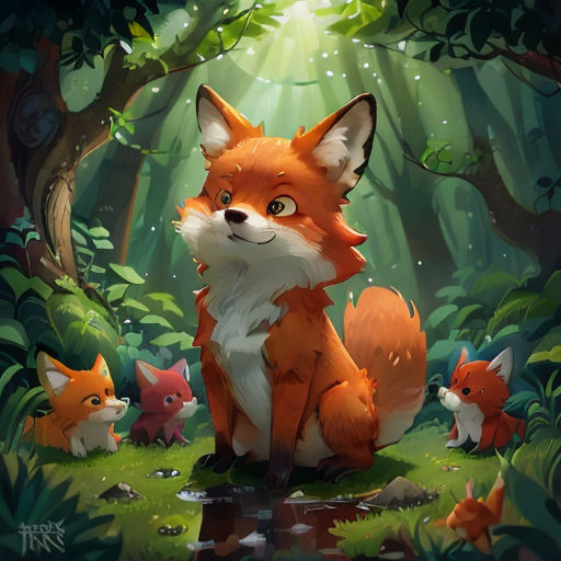 a fox and her cubs in the forest by a stream of water with sunlight streaming through the trees and leaves