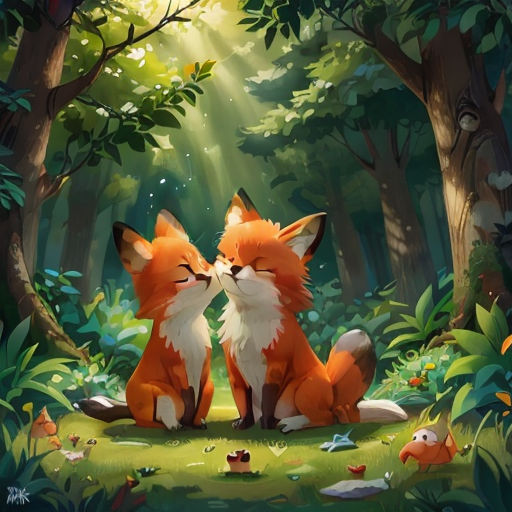 a couple of foxes sitting in the middle of a forest with sunlight shining through the trees and leaves on the ground