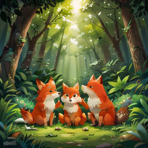 two foxes in the forest with sunlight shining through the trees and leaves on the ground, with a bright light coming from behind them