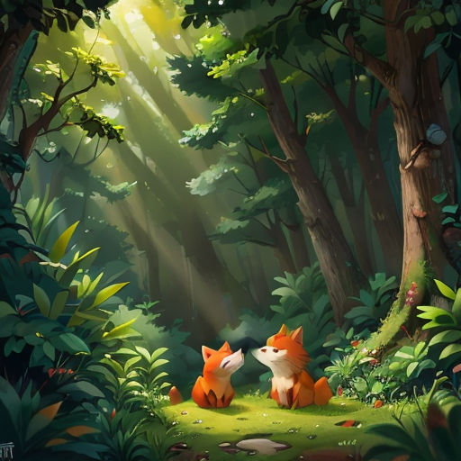 a couple of foxes sitting in the middle of a forest with sunlight streaming through the trees and leaves on the ground