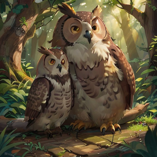 two owls sitting on a log in a forest with trees and leaves around them, with a sunbeam in the background
