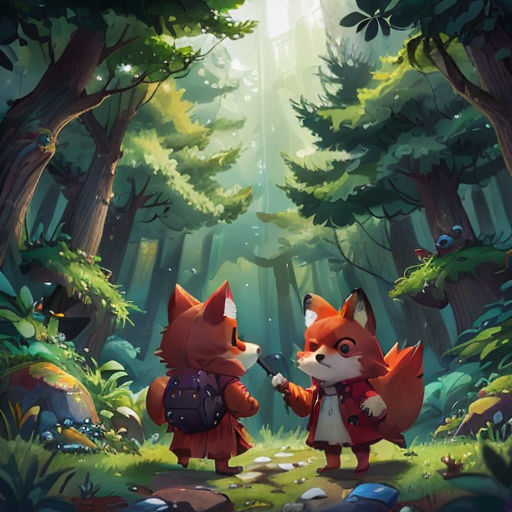 two foxes in the woods with a forest background and a forest scene with trees and rocks, one of them holding a knife