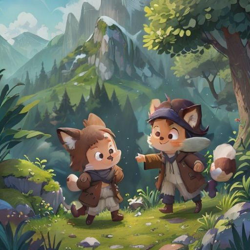 two cartoon characters are walking through a forest with a mountain in the background and a forest with a fox