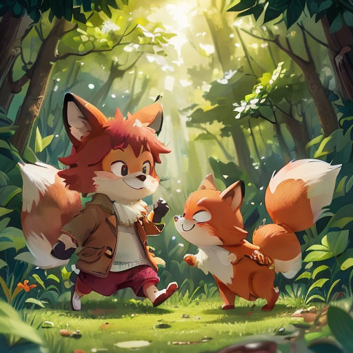 a fox and a fox cub in the woods with sunlight streaming through the trees and leaves on the ground