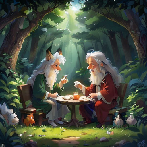 a painting of two gnomes sitting at a table in the woods eating food and talking to each other