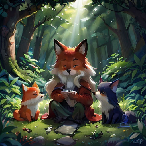a fox and two foxes sitting in the woods with sunlight streaming through the trees behind them, and a man holding a camera