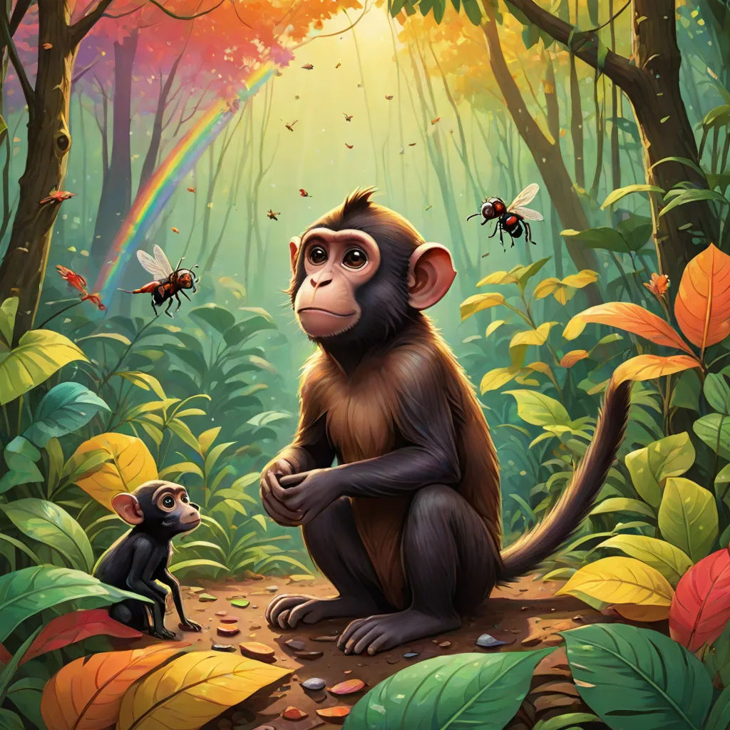 a monkey and a baby monkey in a jungle with a rainbow in the background and a rainbow in the sky, primitivism, a storybook illustration, Chris LaBrooy, promotional image