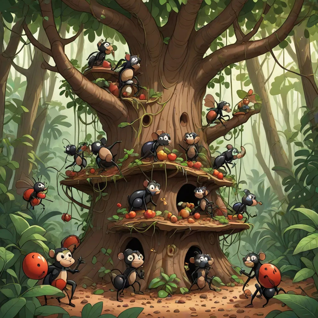 a group of ants climbing up a tree house in the forest with a ladybug on the roof, primitivism, a storybook illustration, Craola, highly detailed digital painting
