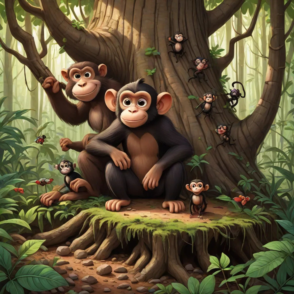 a group of monkeys sitting on top of a tree in a forest with a baby monkey in the middle, naturalism, a storybook illustration, Chris LaBrooy, official art