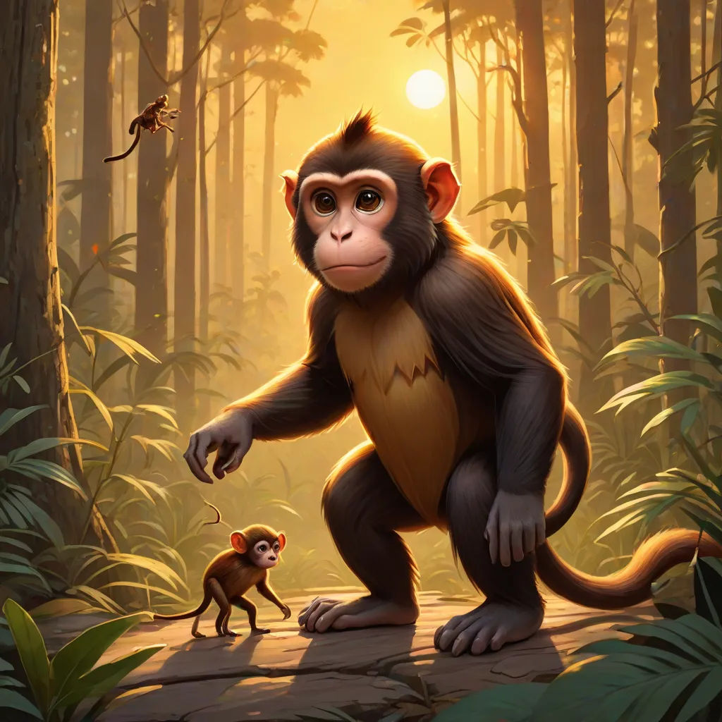 a monkey and a monkey in a jungle with a bird flying overhead and a sun shining in the background, sots art, a digital painting, Chris LaBrooy, cgstudio