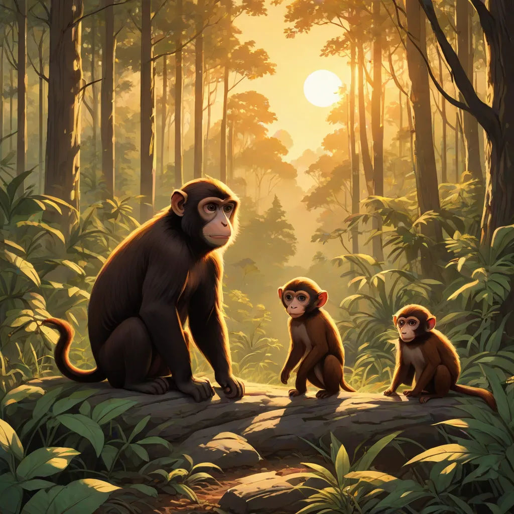 a group of monkeys sitting on a rock in a forest at sunset with the sun shining through the trees, sumatraism, poster art, Chris LaBrooy, official art
